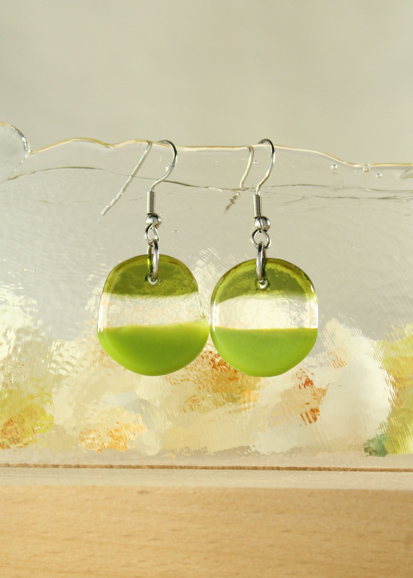 'Green World' Fused Glass Flat Out Dangles Earrings