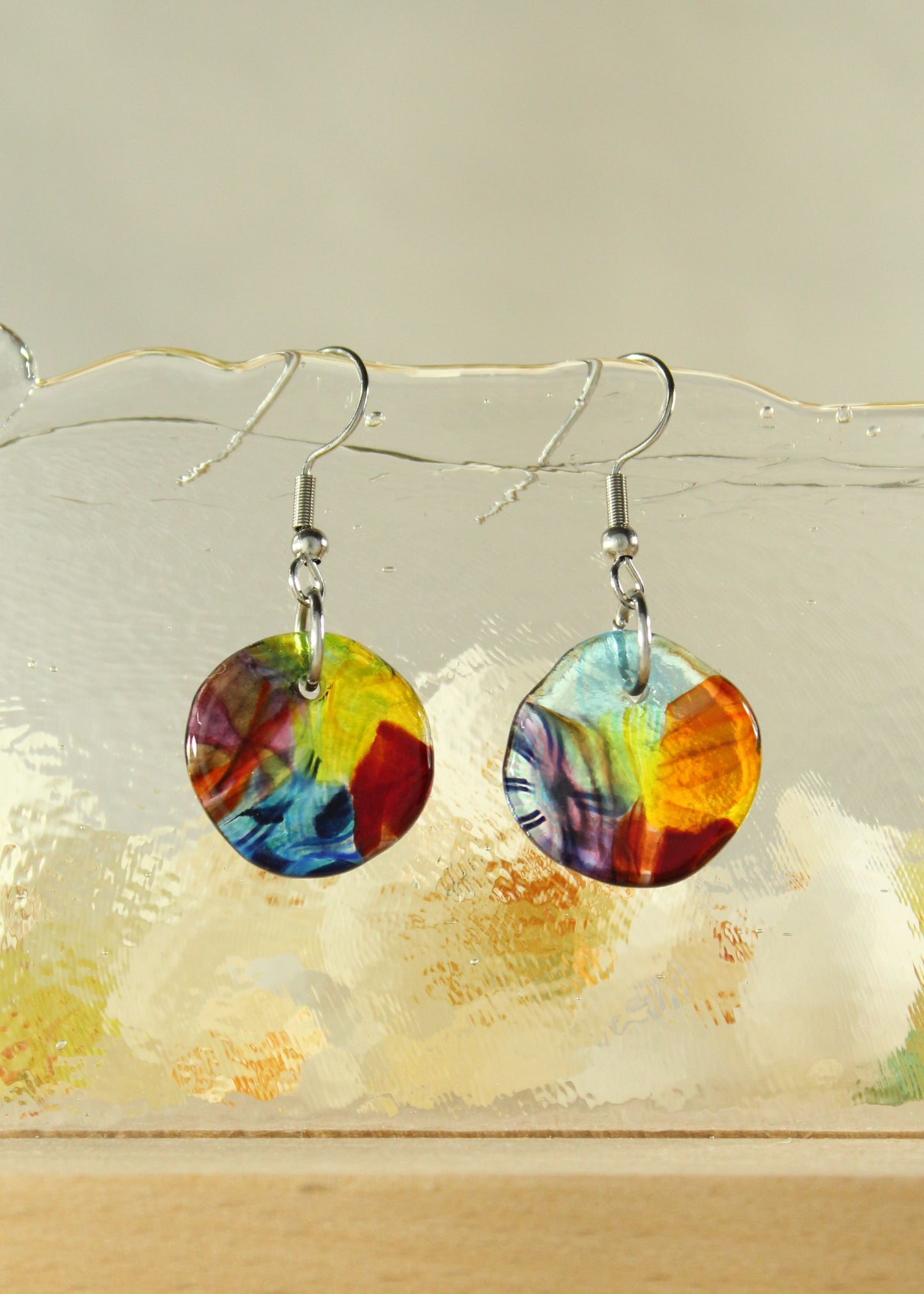 'A Rainbow Flower' Fused Glass Flat Out Dangles Earrings