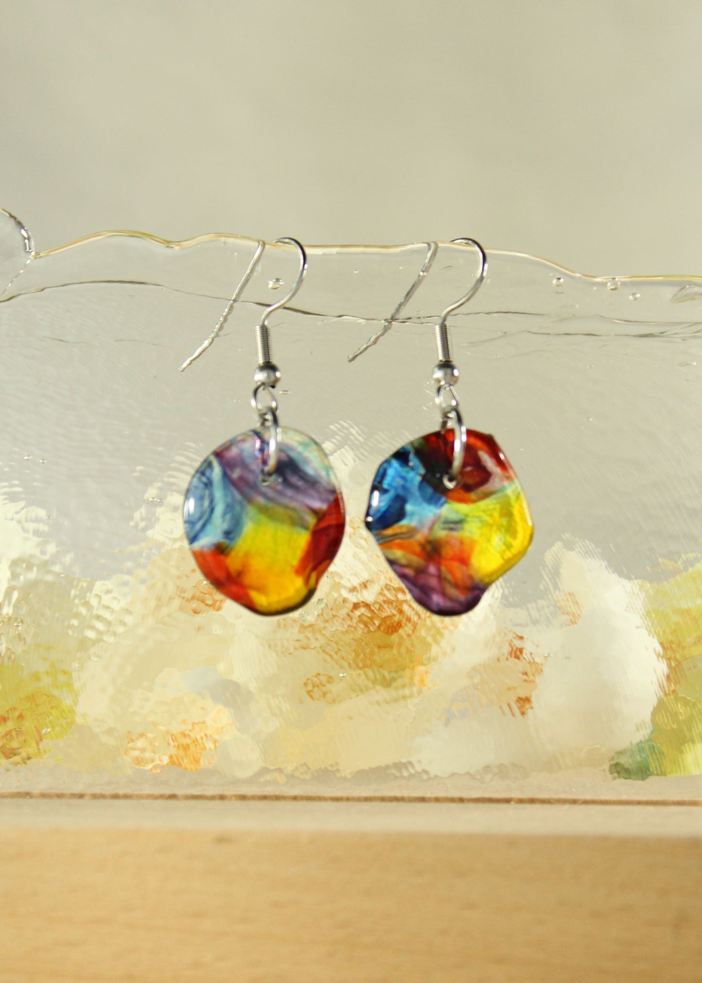 'Rainbow Flower' Fused Glass Flat Out Dangles Earrings