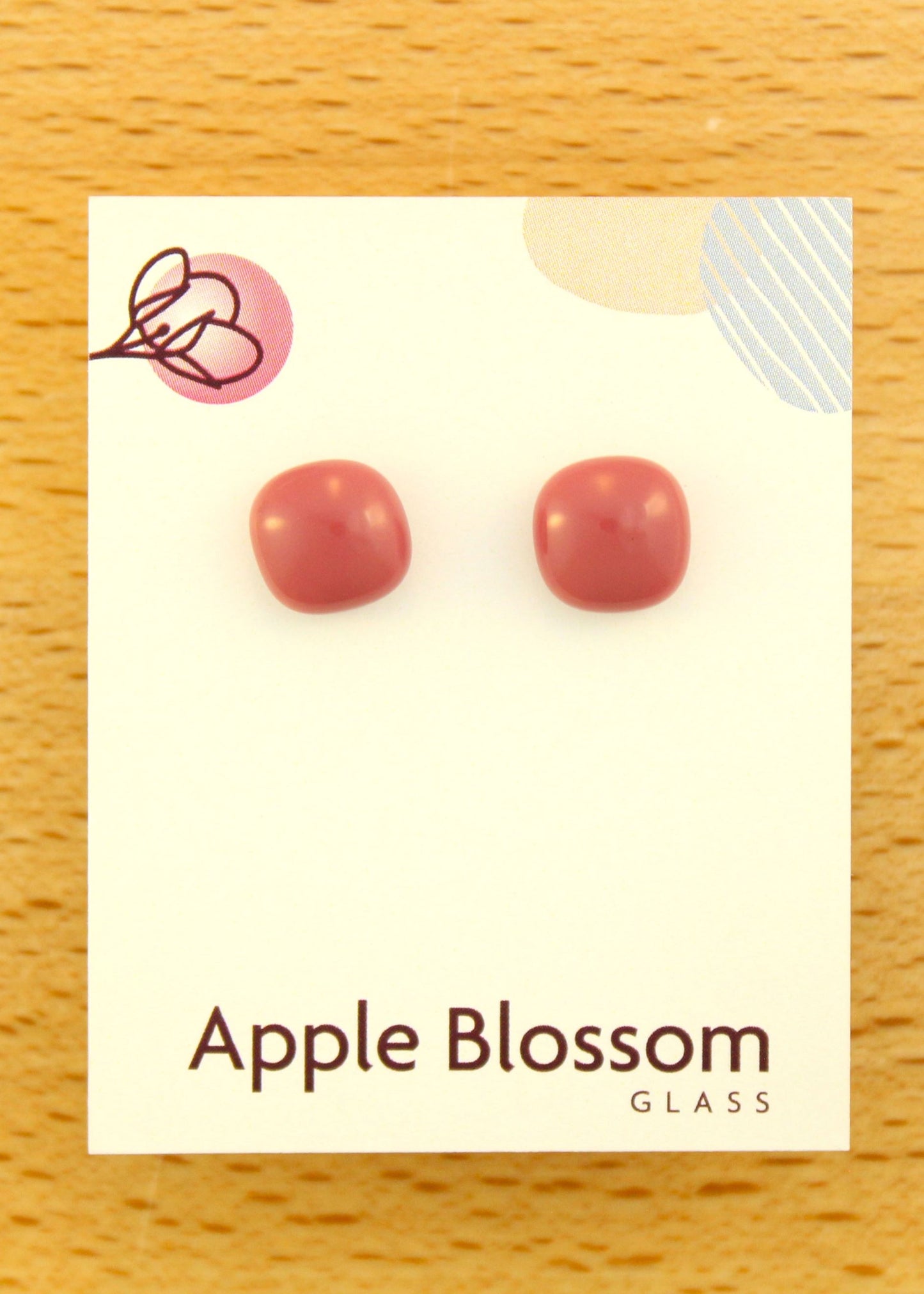 'Square Raspberry Rose' Fused Glass Studs Earrings
