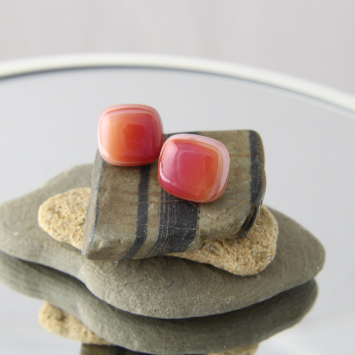 'Layered Fade' Red & White fused glass studs