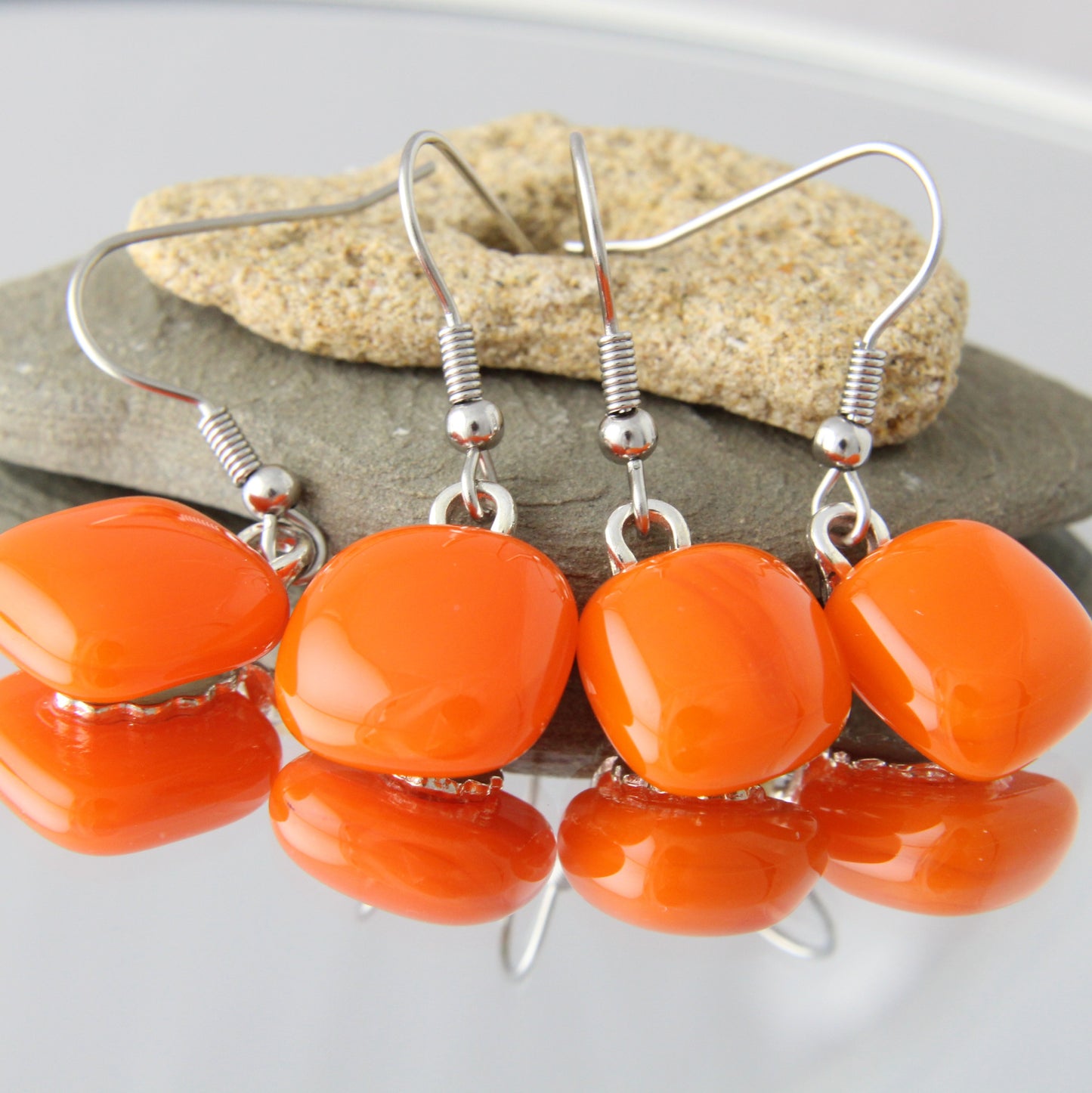 'Orange Squared' Fused Glass Earrings Dangles