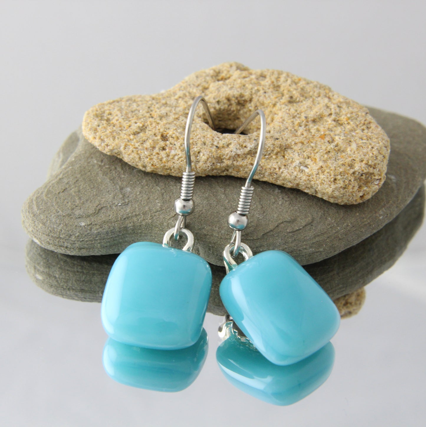 'Turquoise' Blue Fused Glass Earrings Dangles