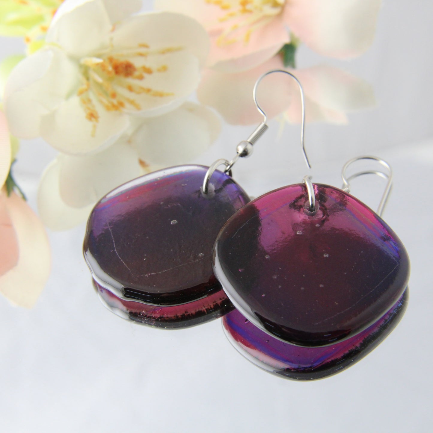 'Purple Sheen' Fused Glass Flat Out Dangles Earrings