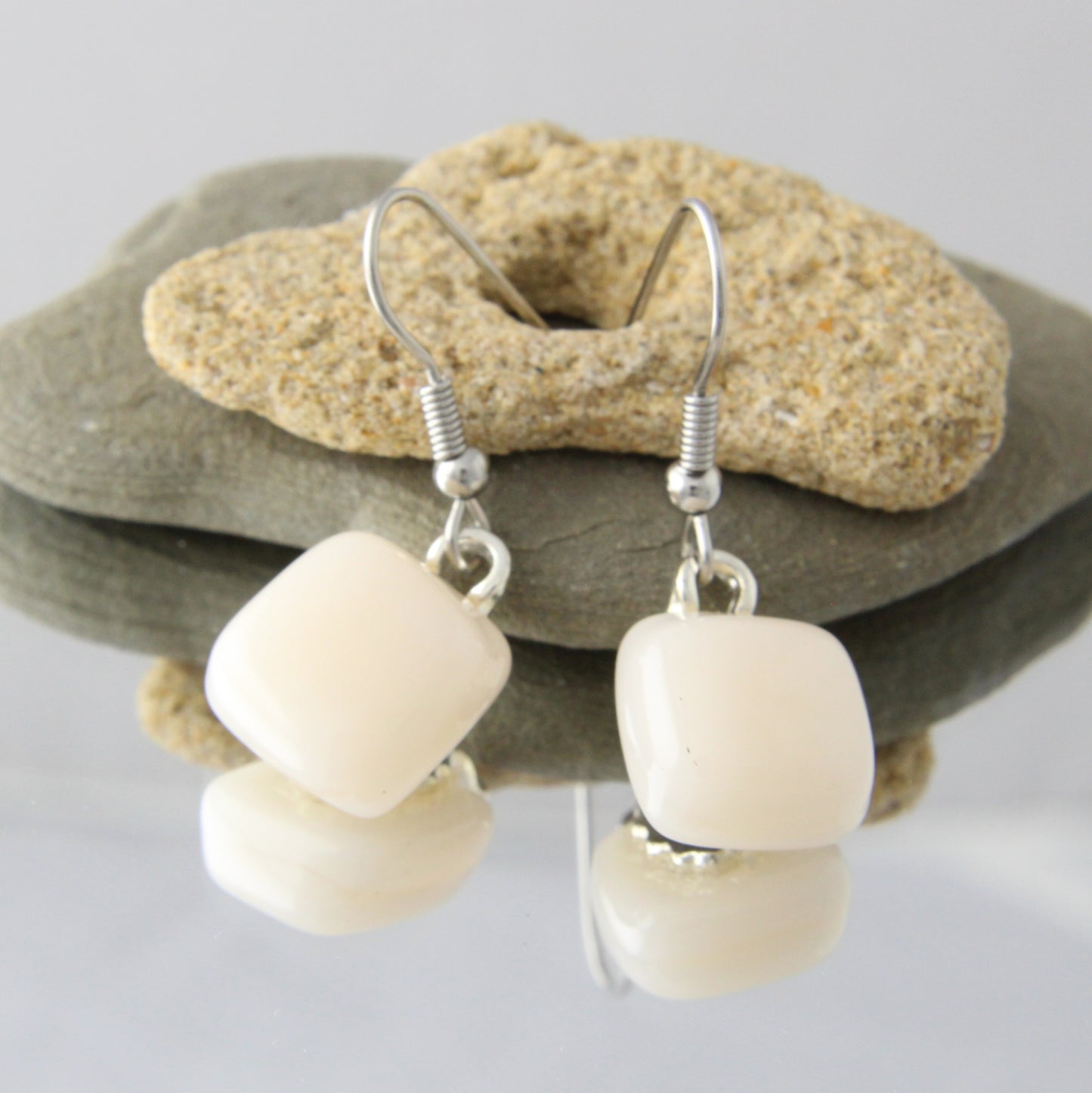 'Old Lace' White Fused Glass Earrings Dangles