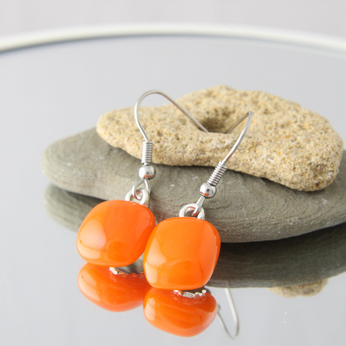 'Orange Squared' Fused Glass Earrings Dangles