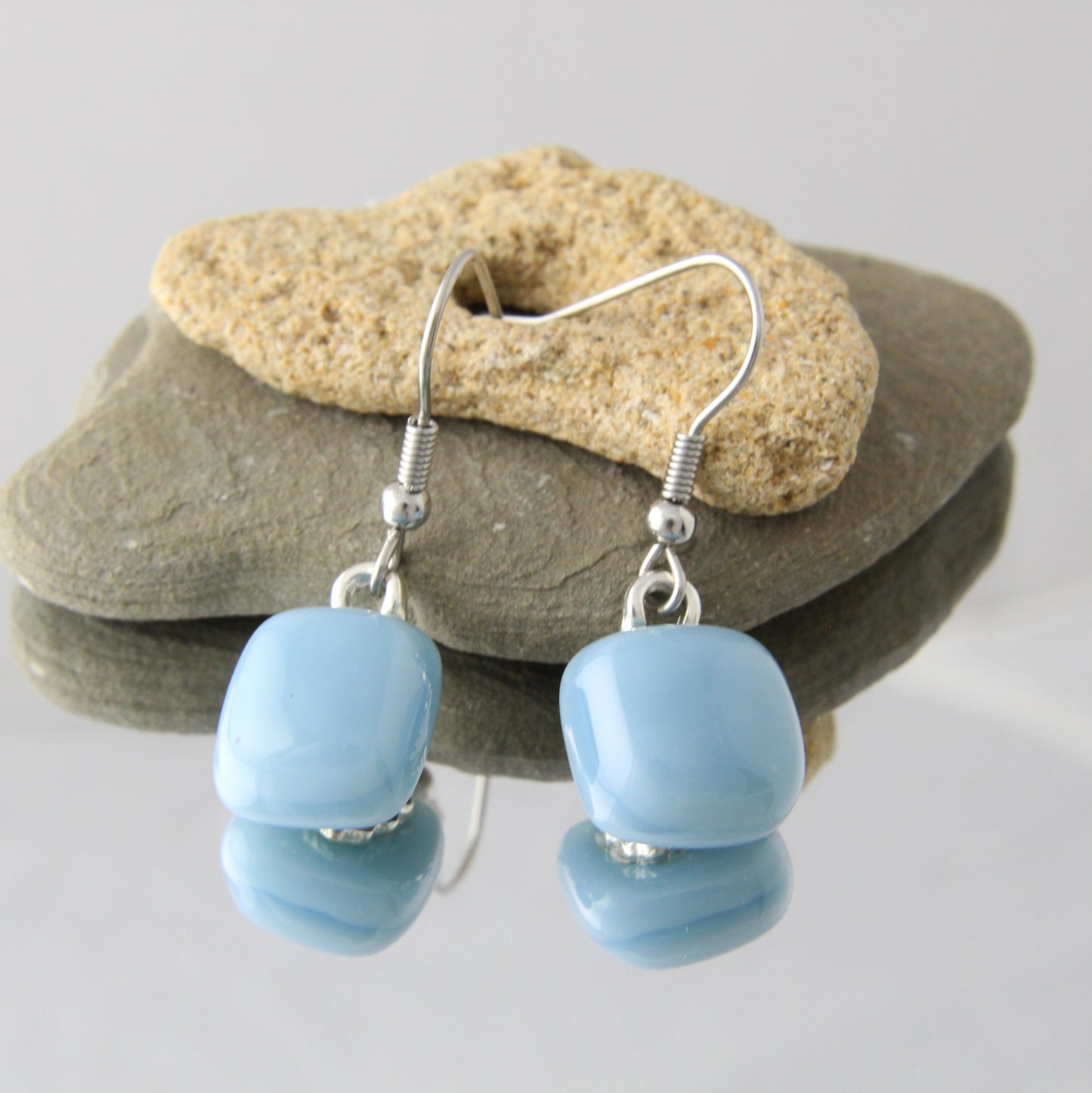 'Light Steel Blue' Fused Glass Earrings Dangles