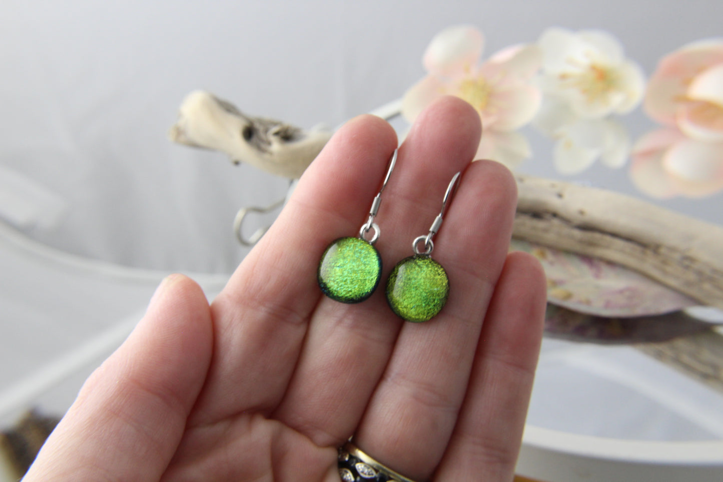 Yellowish Greenish Fused Glass Earrings Drops