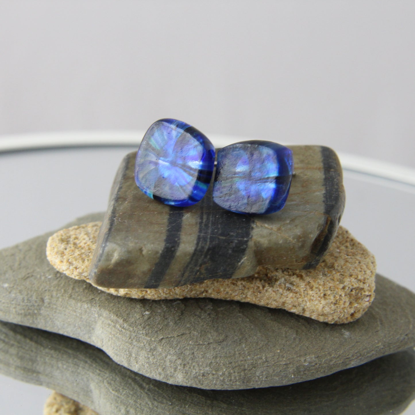 'Blue Murrine Smash' Fused Glass Studs