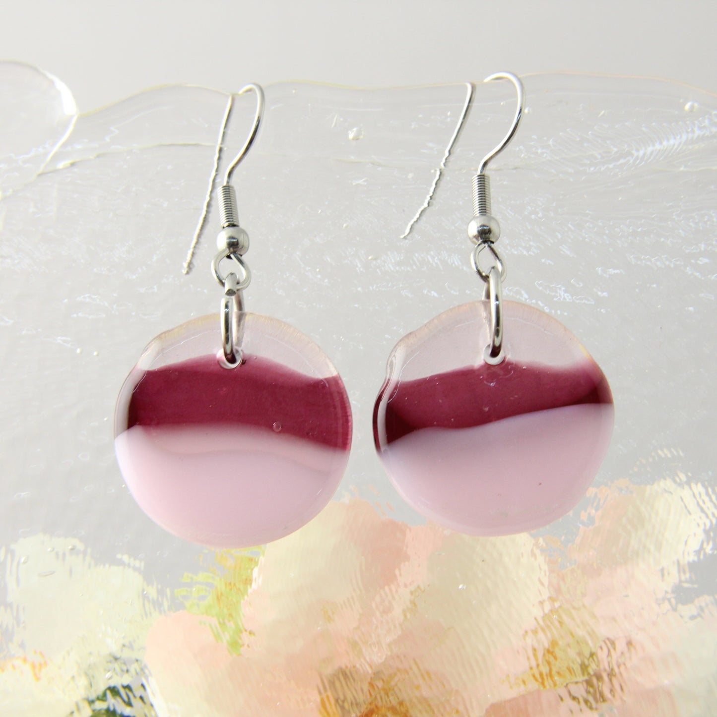'Cranberry & Pink' Fused Glass Flat Out Earrings Dangles