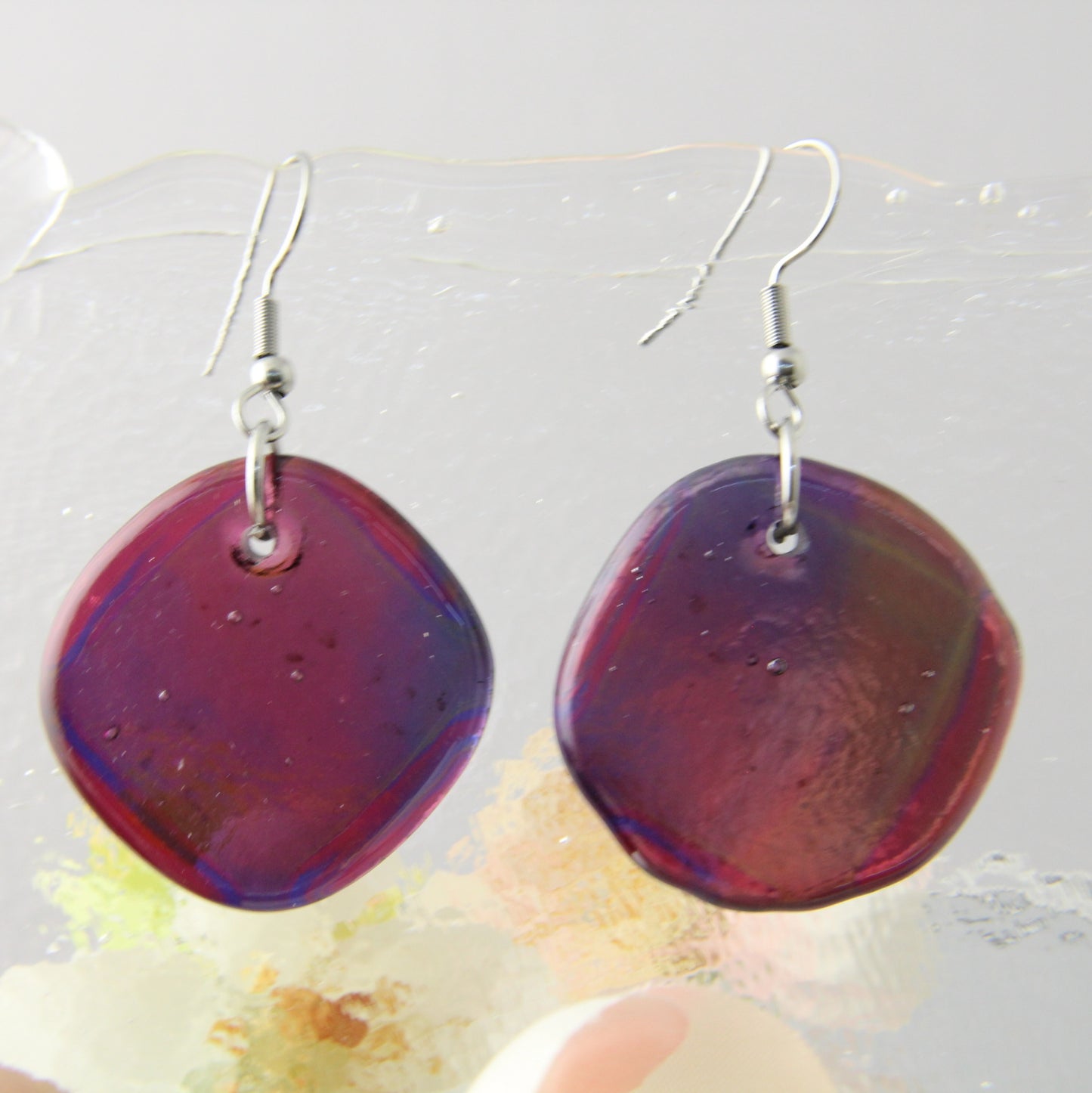 'Purple Sheen' Fused Glass Flat Out Dangles Earrings