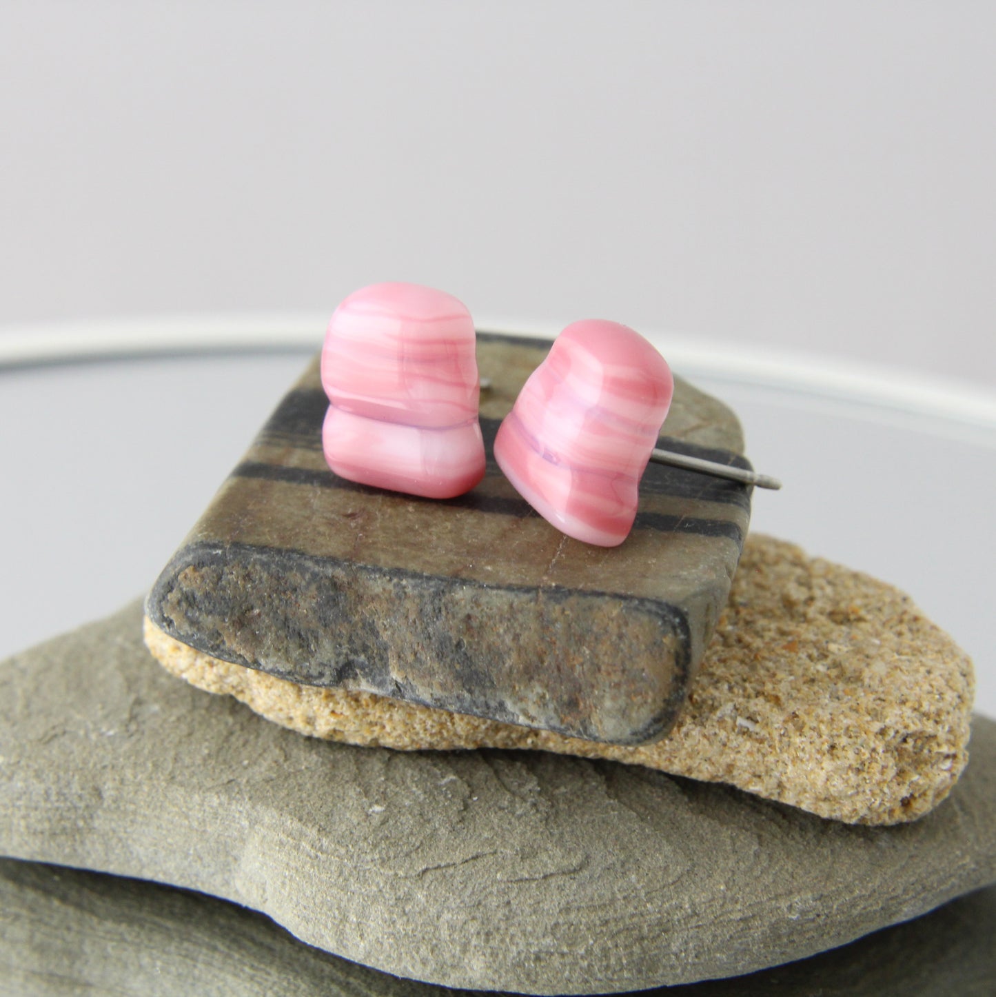 'Stacked Pink' Fused Glass Studs Earrings