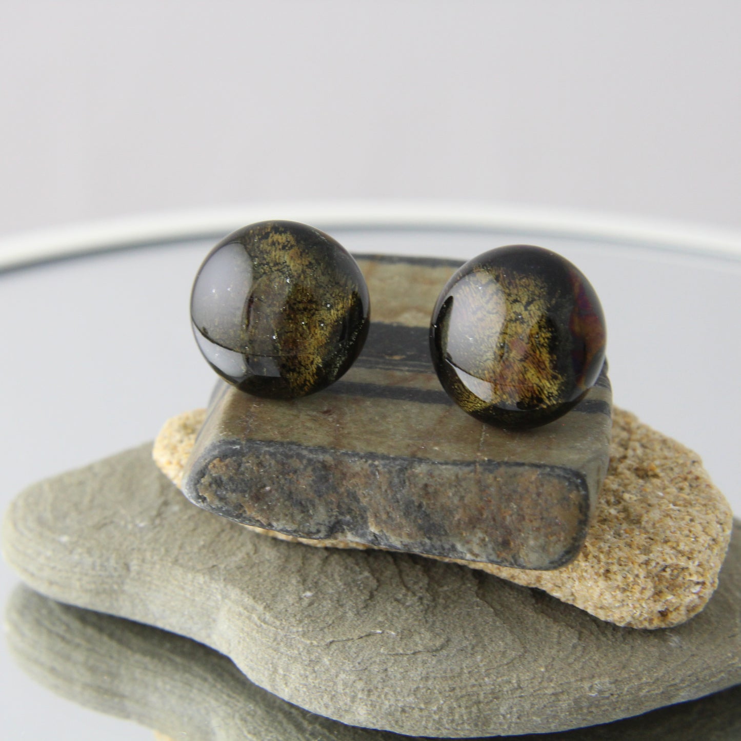 'Shimmering Brown' Fused Glass Earrings Studs