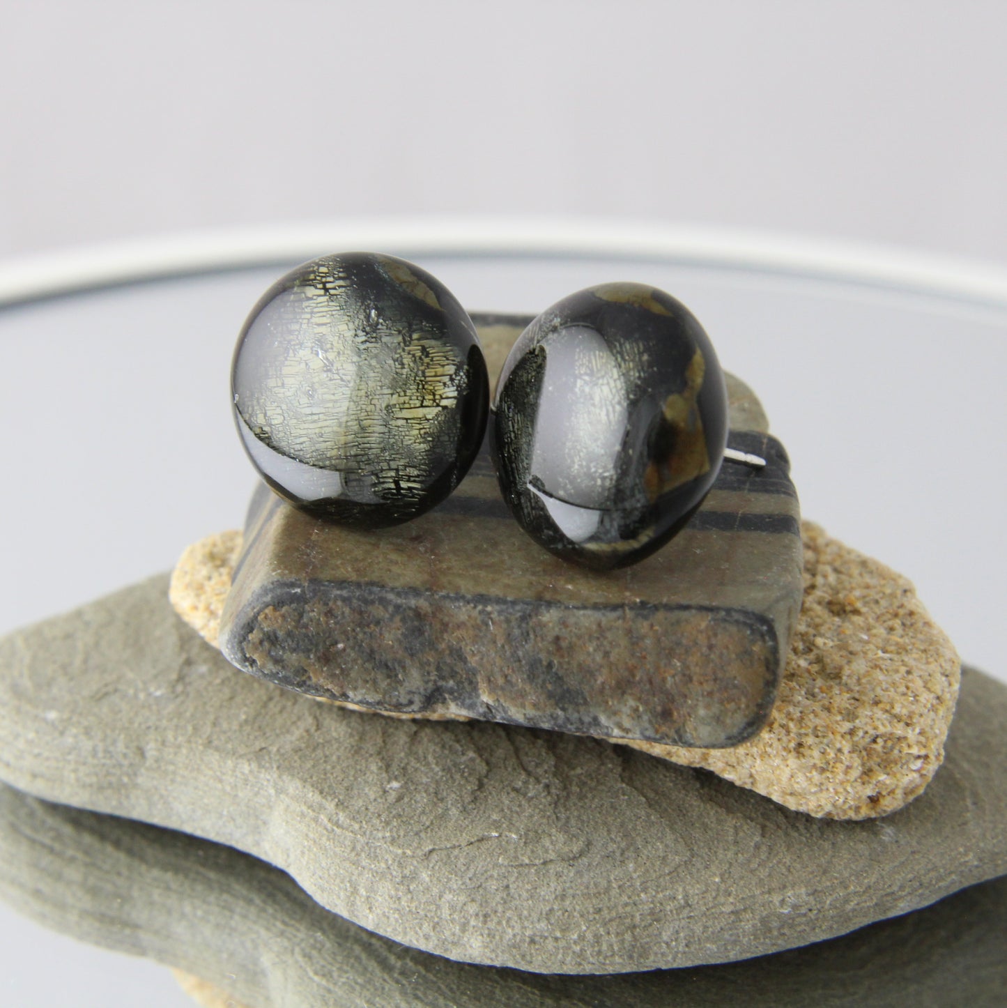 'Gleaming Dichroic Brown' Fused Glass Earrings Studs