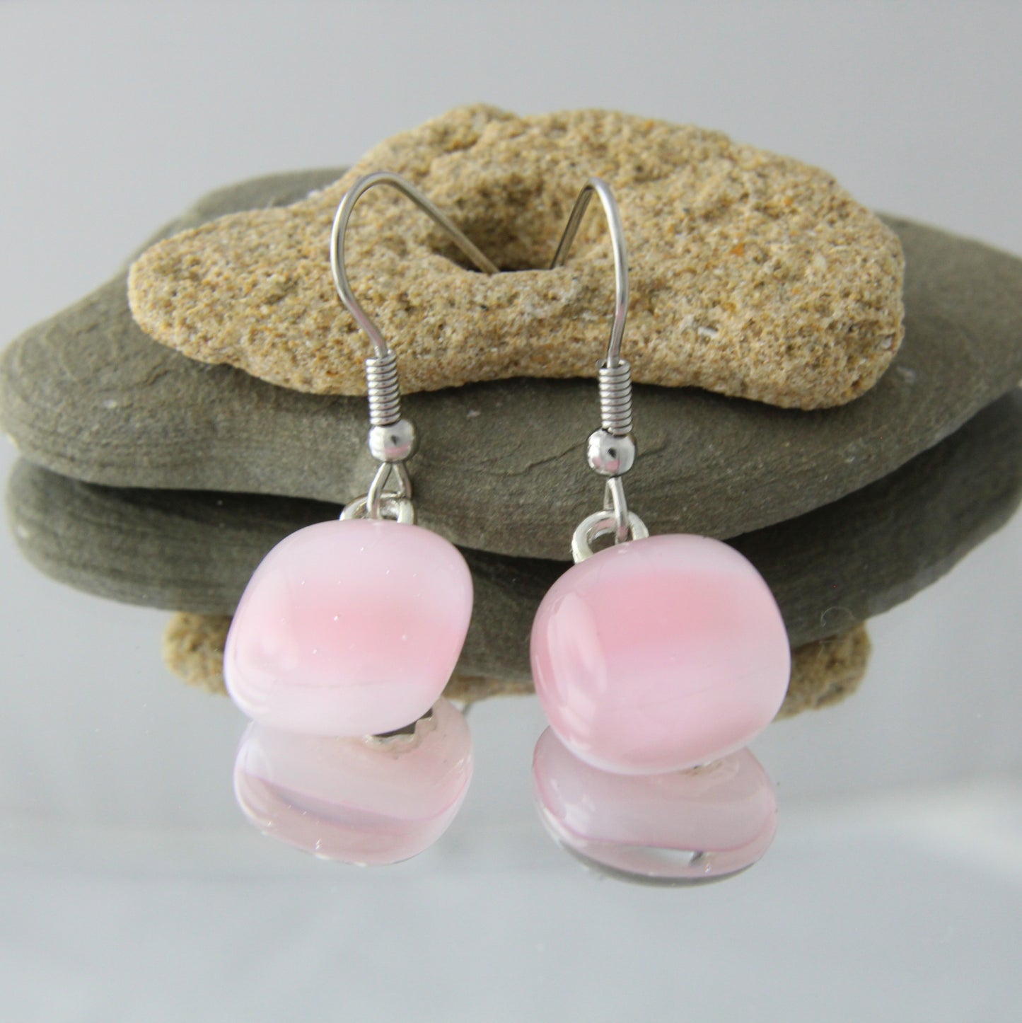 'Cloud Pink' Fused Glass Earrings Dangles