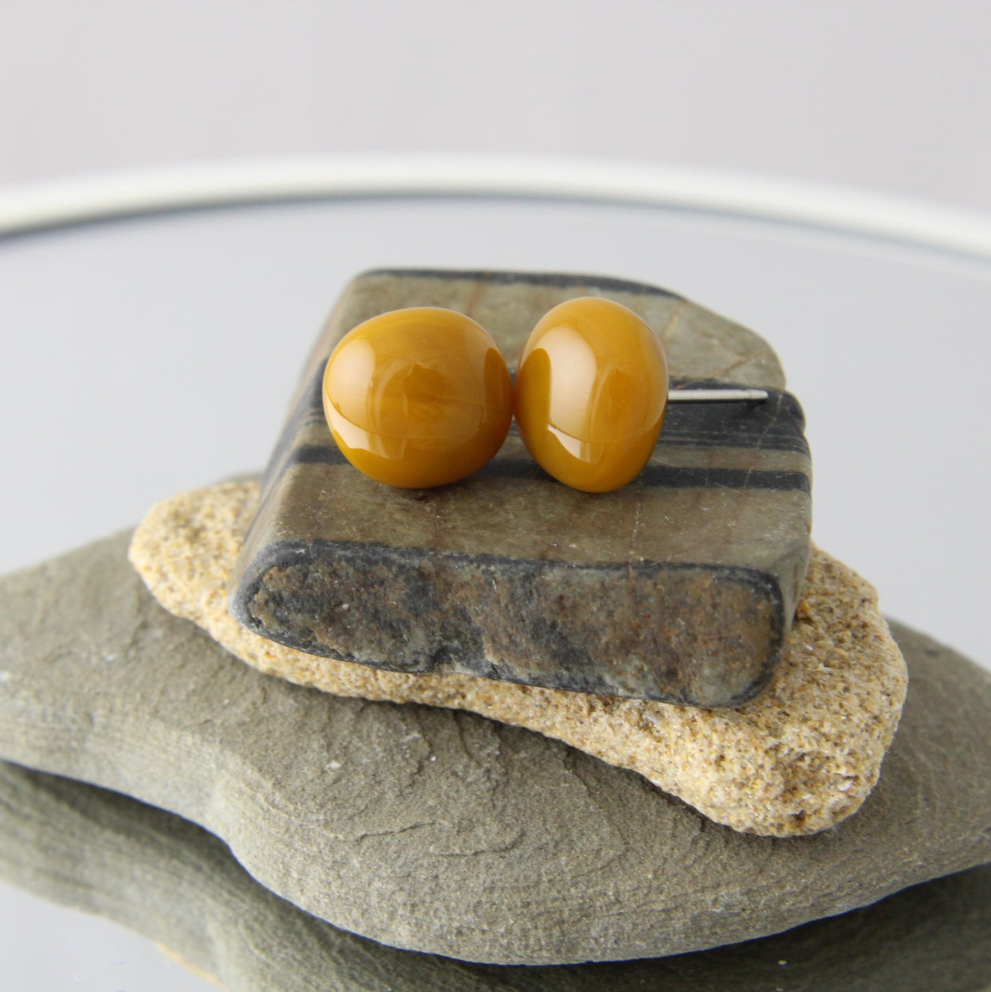 'Mustard Brown' Fused Glass Earrings Studs