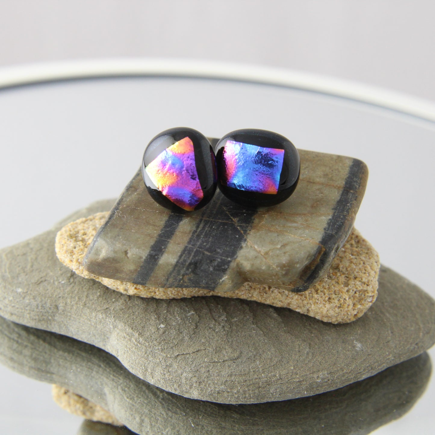 'Breaking Storm' Purple Fused Glass Studs Earrings