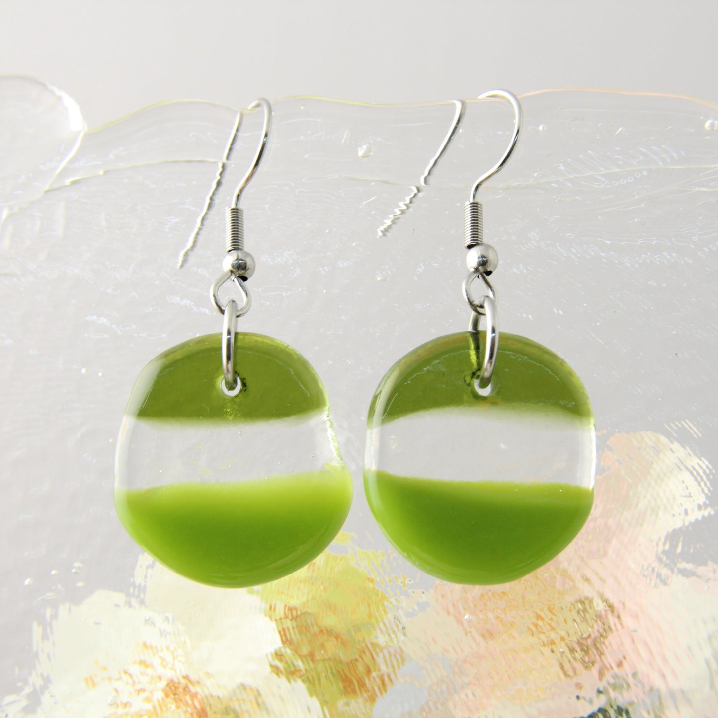 'Green World' Fused Glass Flat Out Dangles Earrings