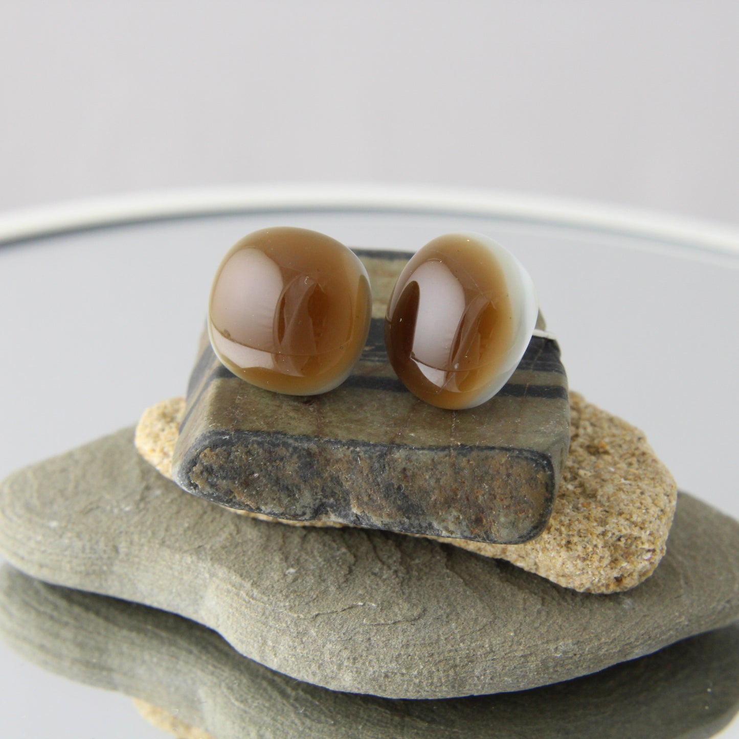 'Sepia Brown' Fused Glass Earrings Studs