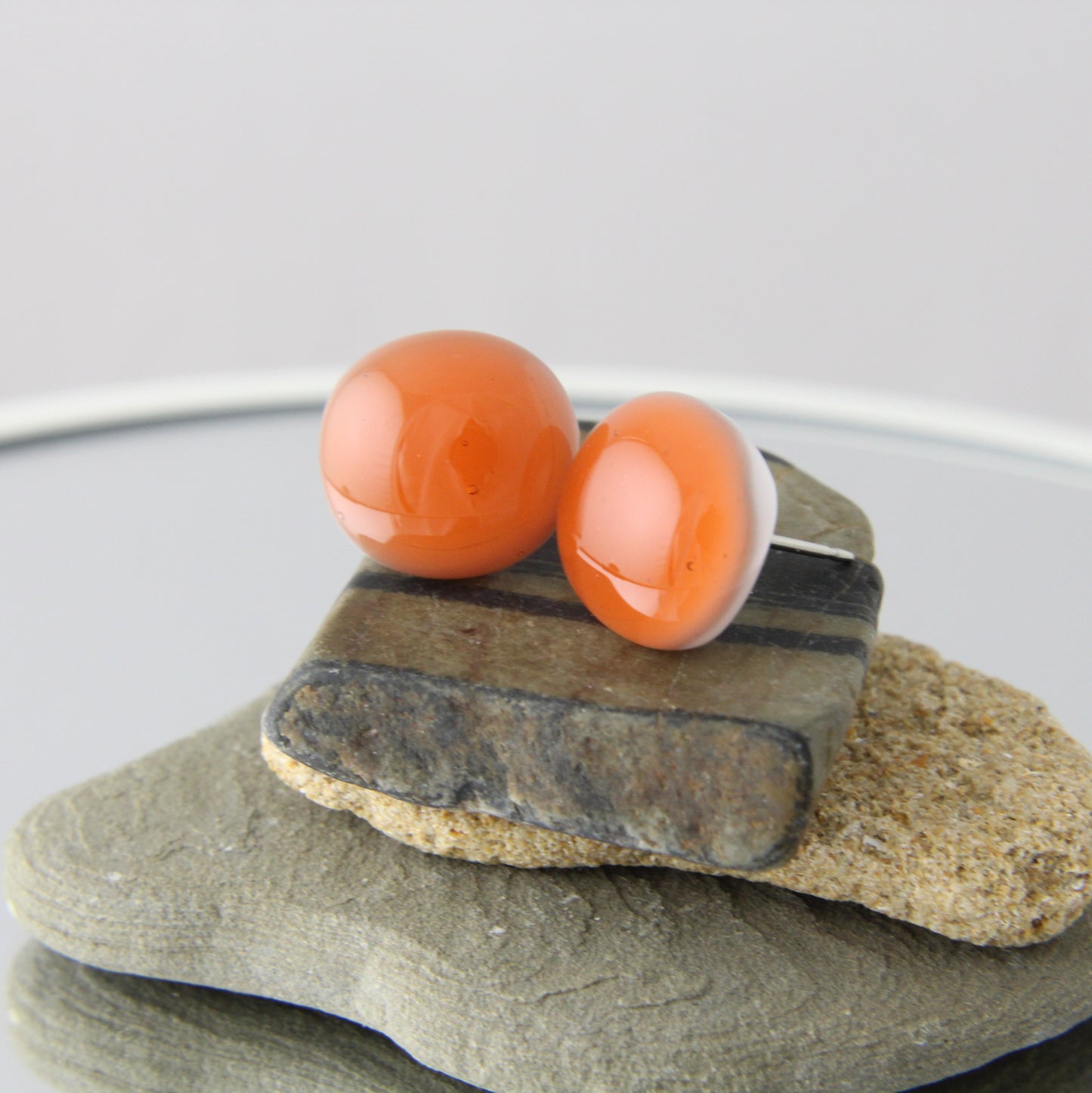 'Salmon' Pink Fused Glass Studs Earrings