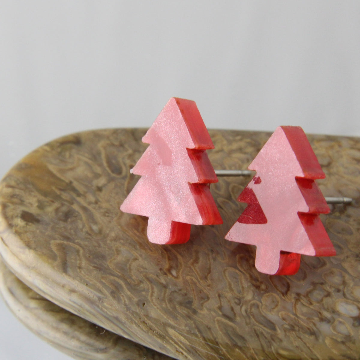 'Red Ripple Christmas Trees' Acrylic Earrings Studs
