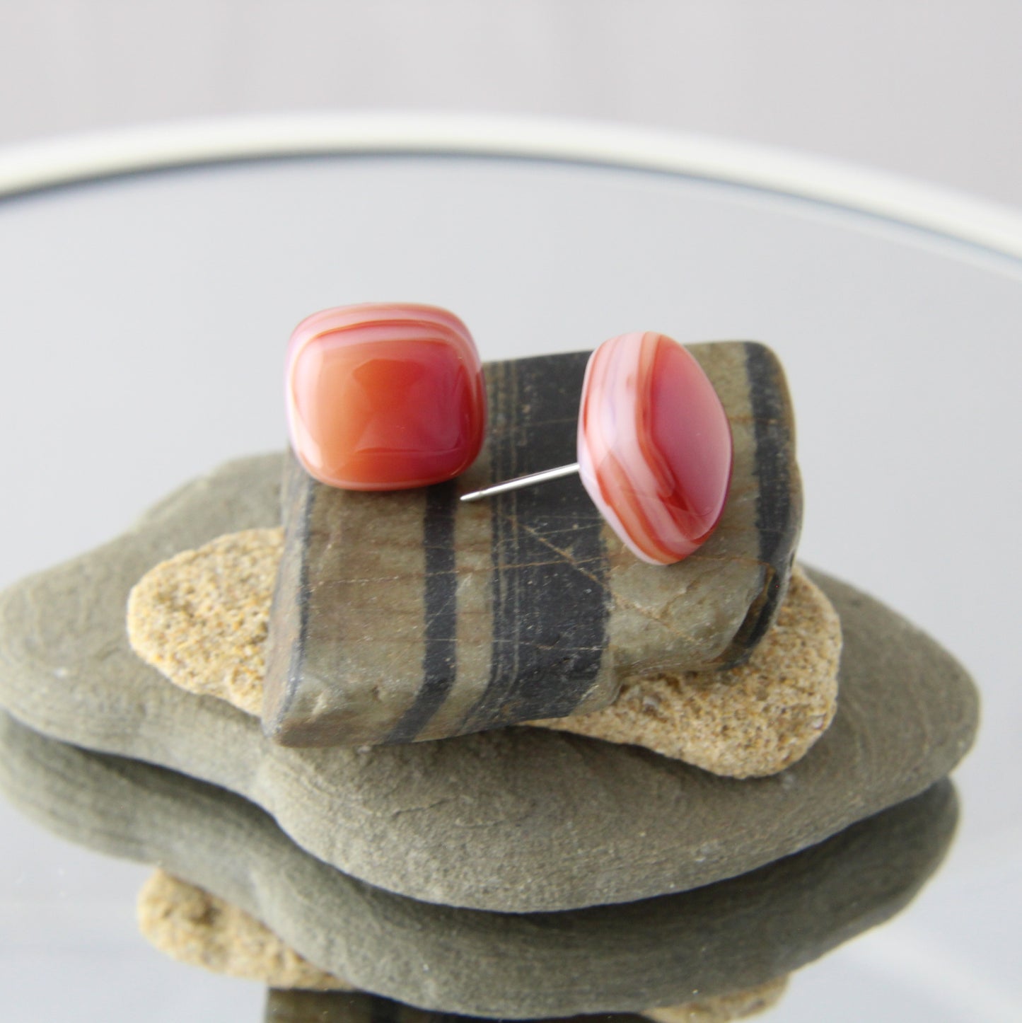 'Layered Fade' Red & White fused glass studs