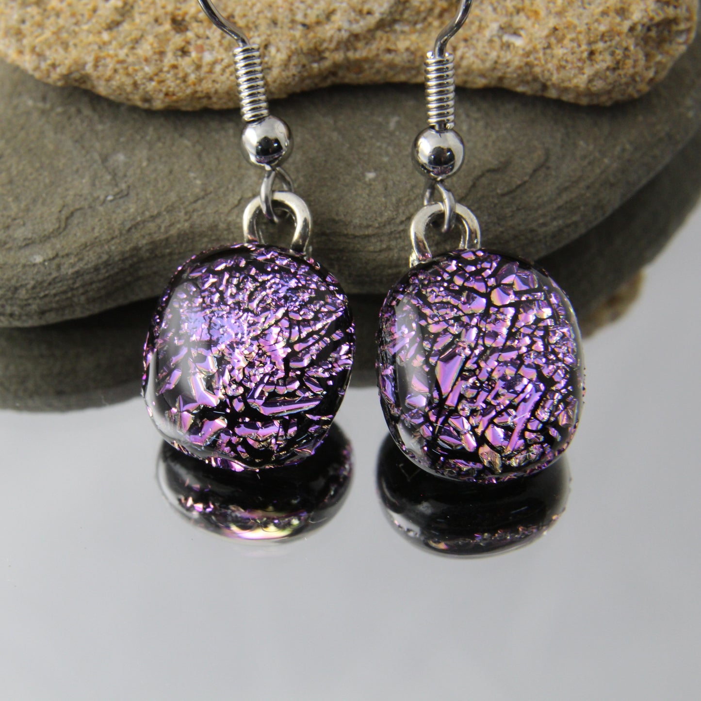 'A Crackled Purple' Fused Glass Earrings Dangles