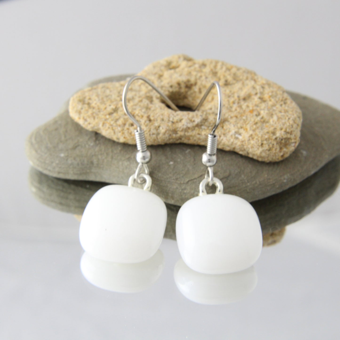 'Just White' Fused Glass Earrings Dangles