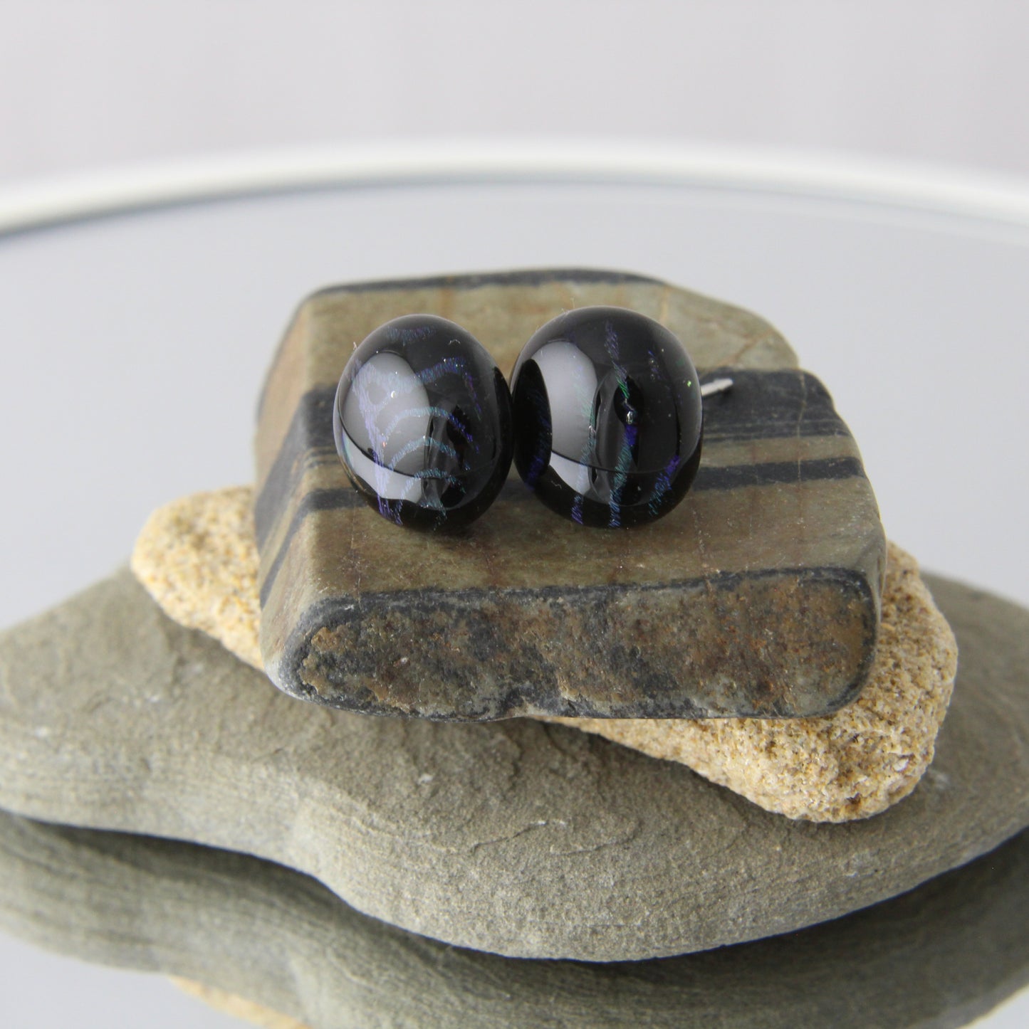 'Black Dragon Stripes' Fused Glass Earrings Studs