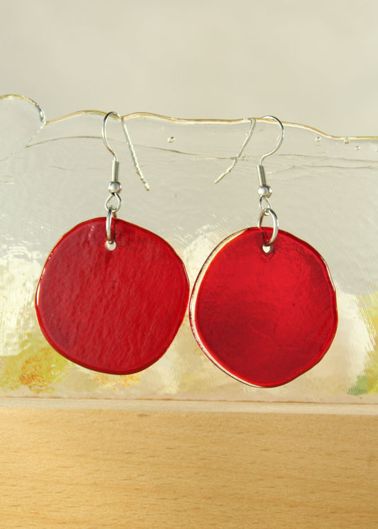 'Luscious Red' Fused Glass Flat Out Dangles Earrings