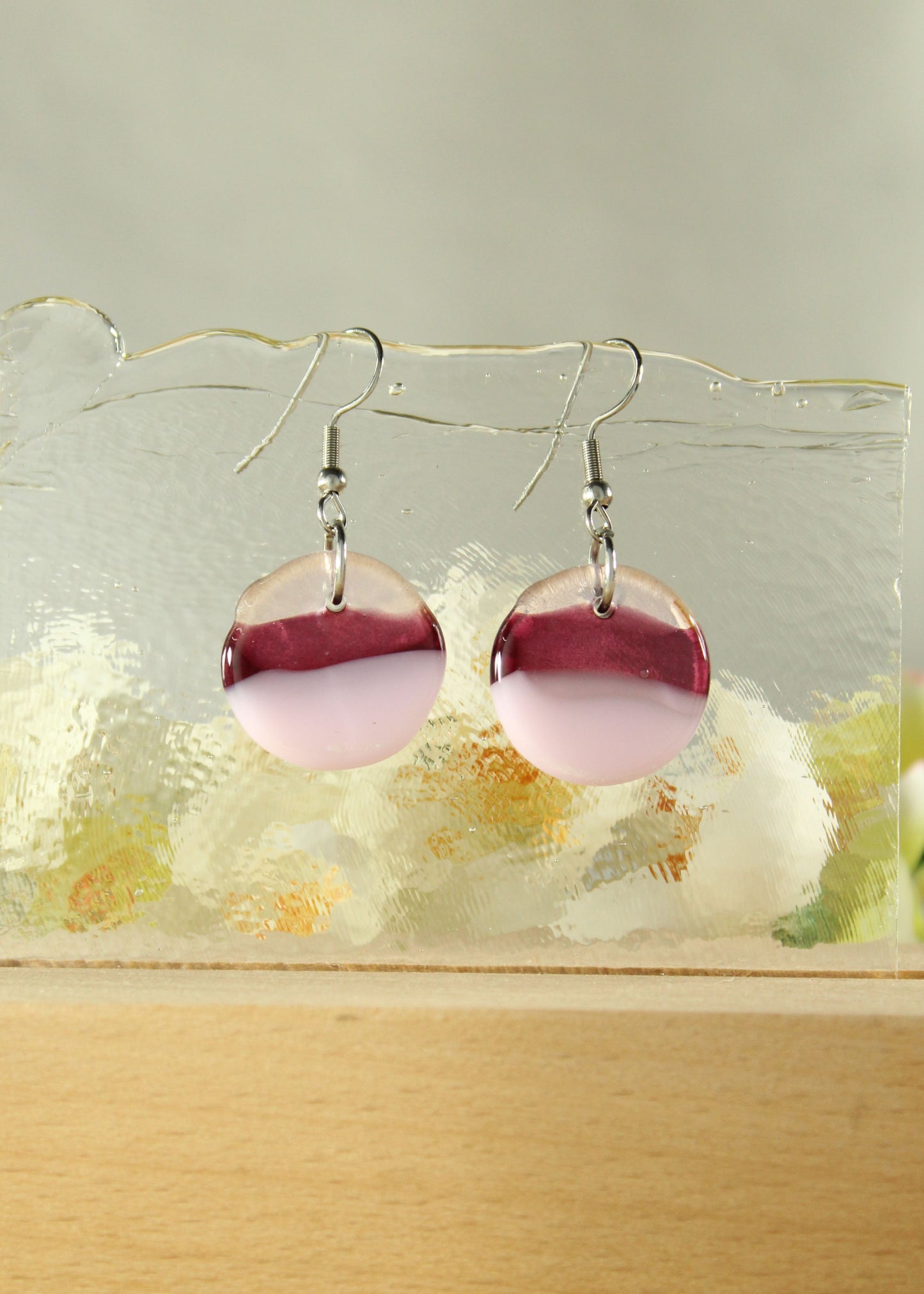 'Cranberry & Pink' Fused Glass Flat Out Earrings Dangles
