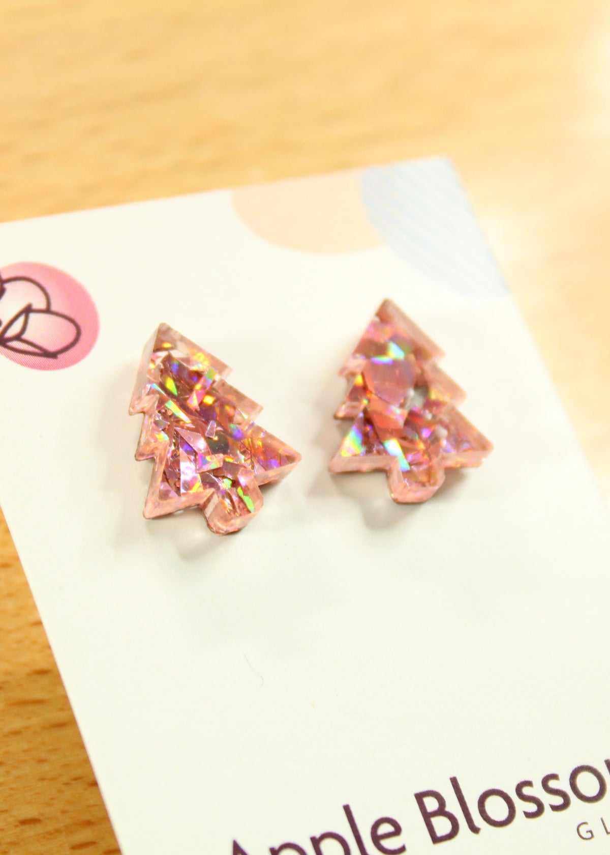 'Pink Glitter Christmas Trees' Acrylic Earrings Studs