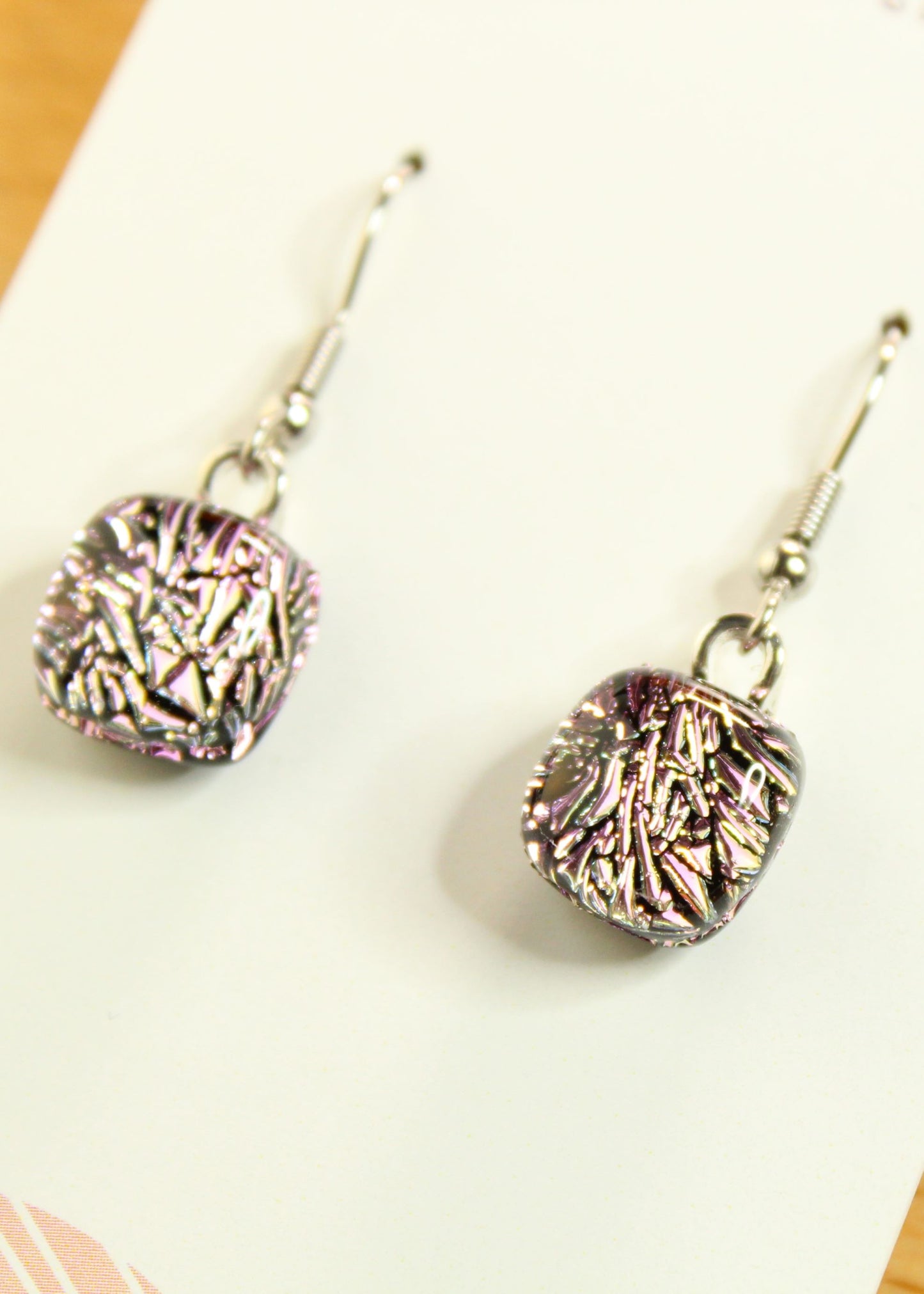 'Pink Crackle' Fused Glass Earrings Dangles