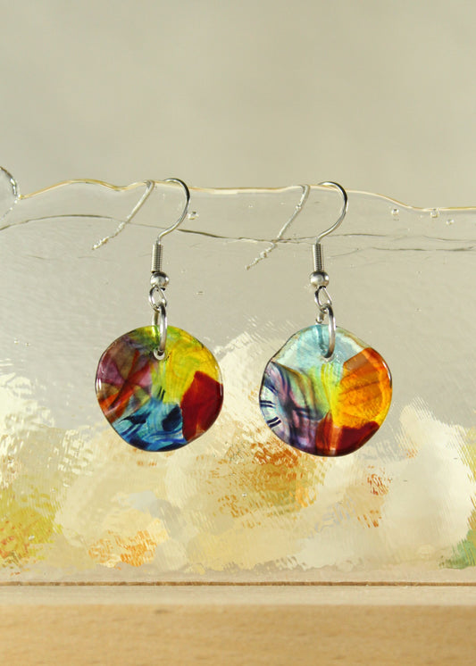 'A Rainbow Flower' Fused Glass Flat Out Dangles Earrings