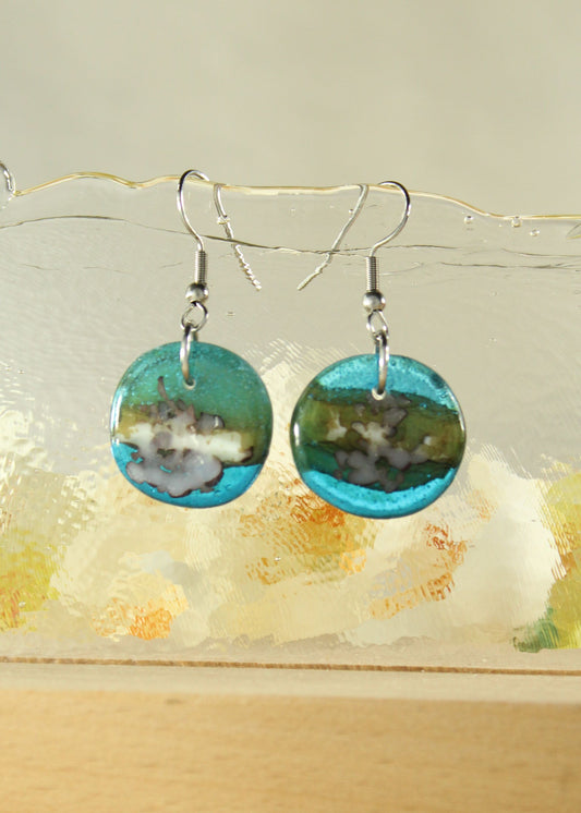 'Reactive Surf' Fused Glass Flat Out Dangles Earrings