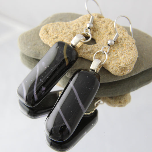 'Stripy Black Column' Fused Glass Earrings Dangles