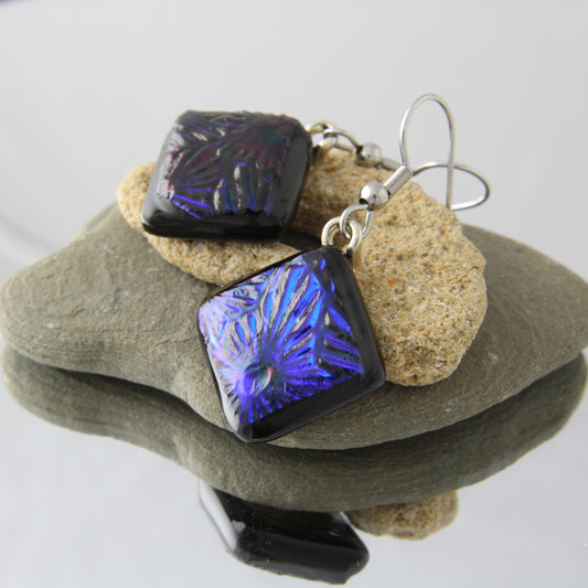 'Deep Blue Dichro' Fused Glass Earrings Dangles