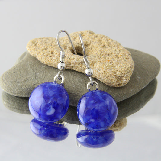 'Caribbean Blue Speckles' Fused Glass Earrings Dangles