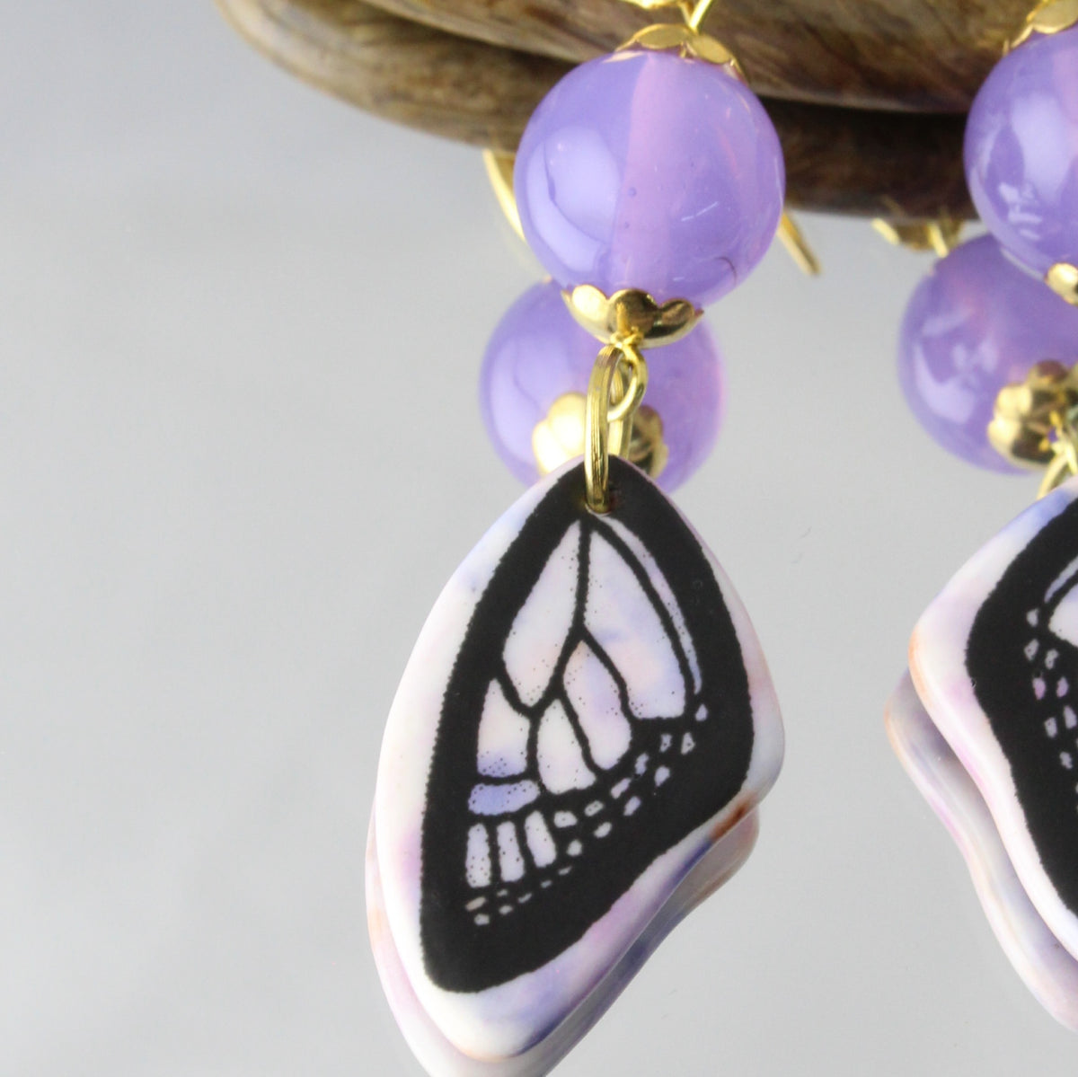'Purple Moth' Ceramic and Glass Earrings