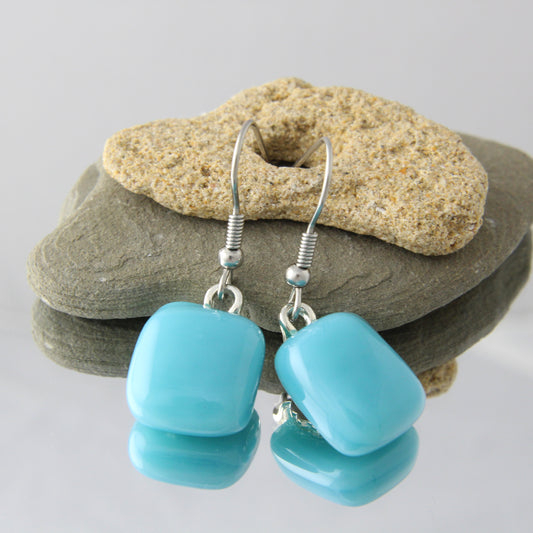 'Turquoise' Blue Fused Glass Earrings Dangles