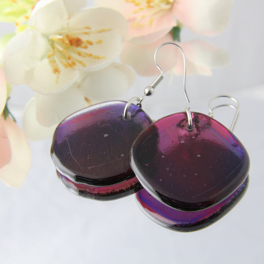 'Purple Sheen' Fused Glass Flat Out Dangles Earrings