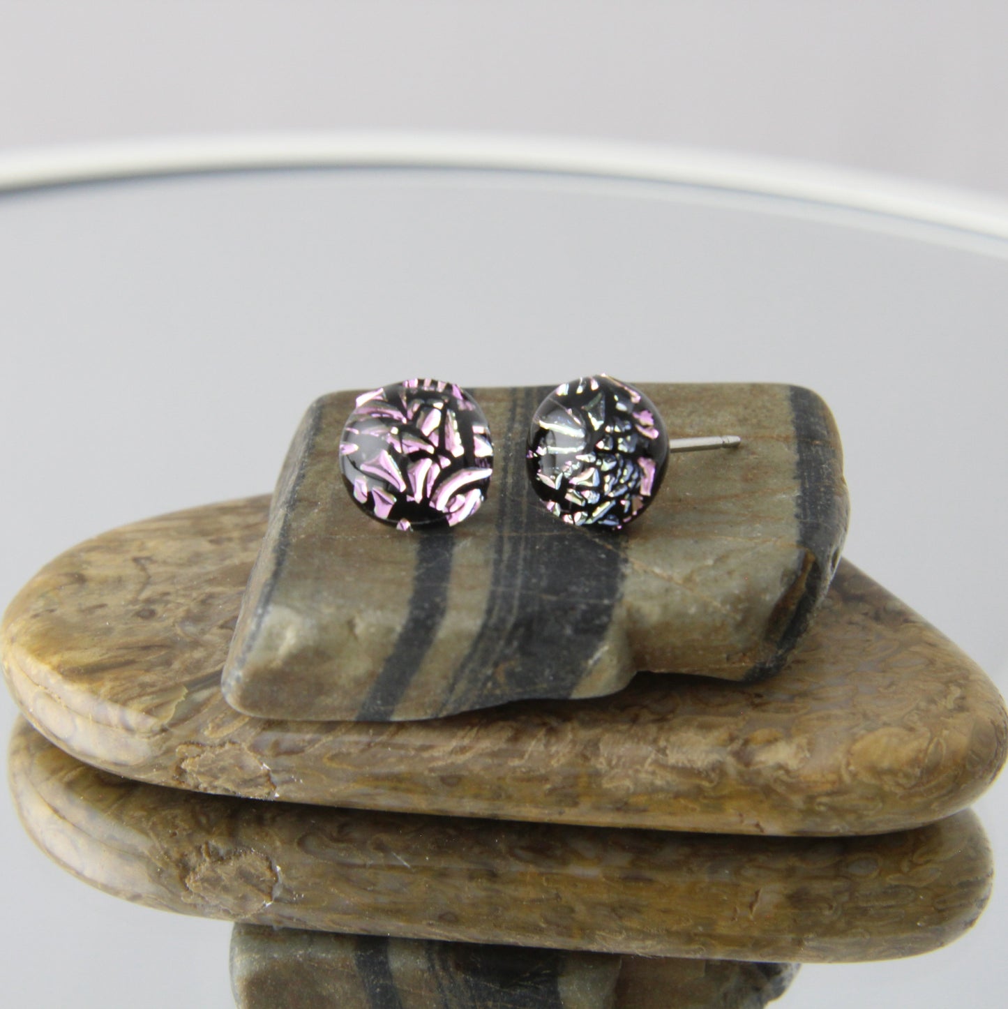 'Pink Crackle' Fused Glass Mini Studs Earrings