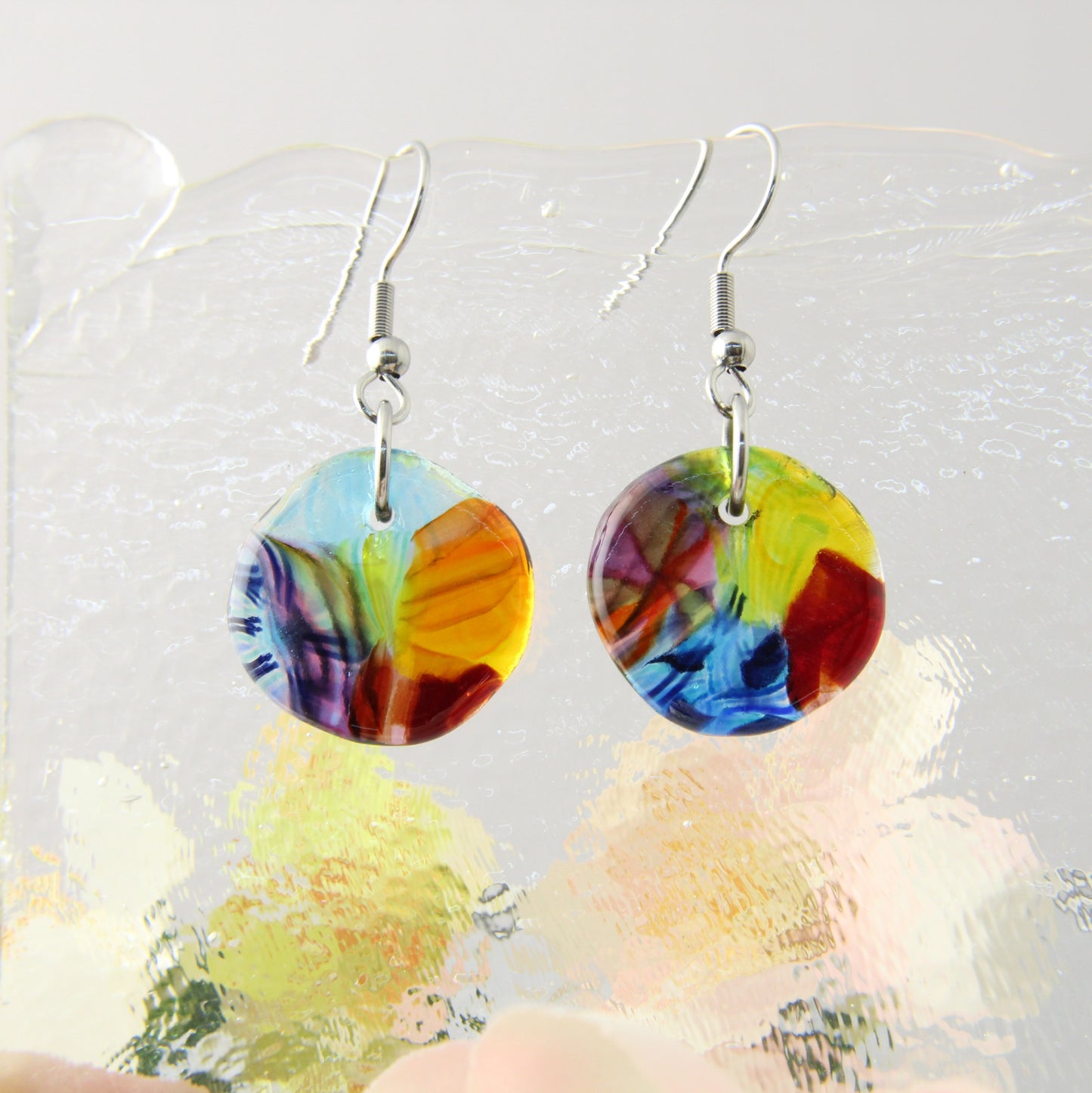 'Rainbow Flower' Fused Glass Flat Out Dangles Earrings
