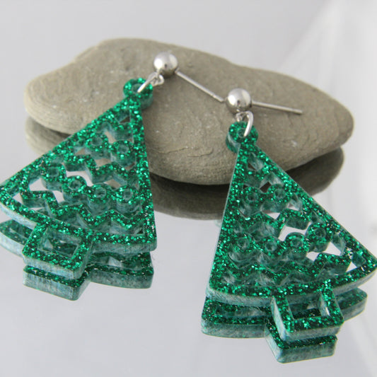 'Green Glitter Christmas Trees' Acrylic Earrings