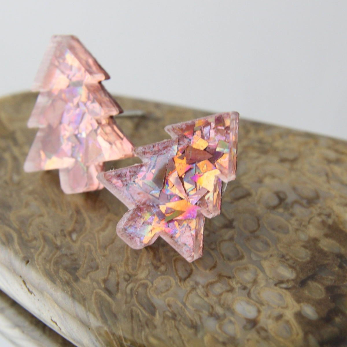 'Pink Glitter Christmas Trees' Acrylic Earrings Studs