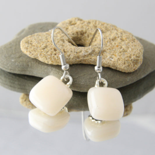 'Old Lace' White Fused Glass Earrings Dangles