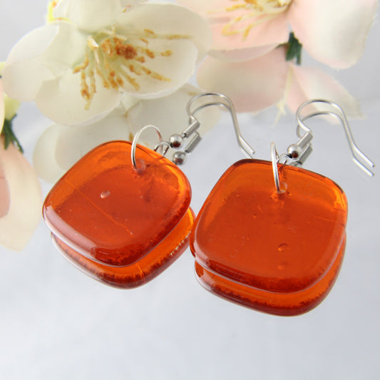 'Vibrant Orange' Fused Glass Flat Out Earrings Dangles