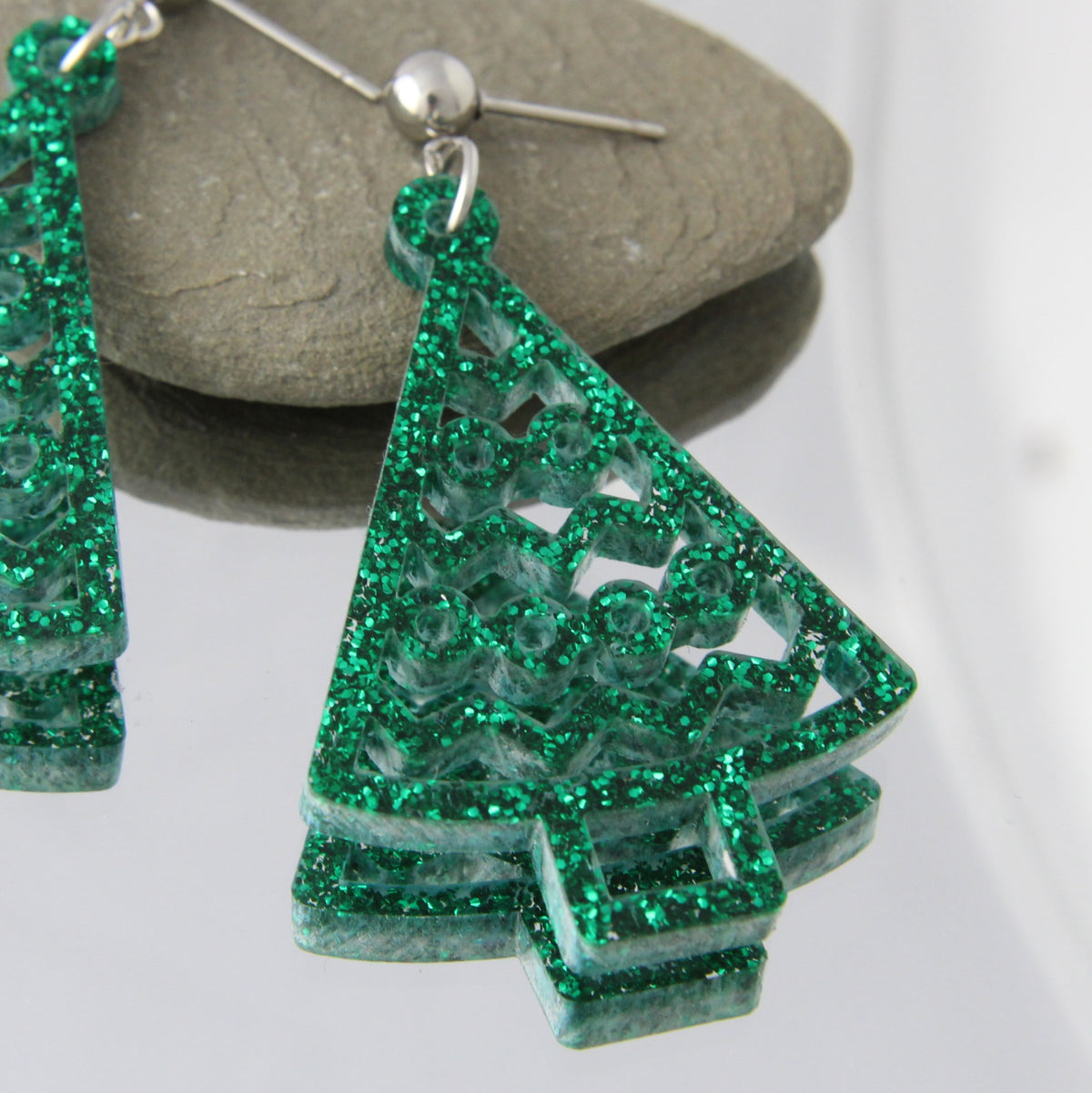'Green Glitter Christmas Trees' Acrylic Earrings