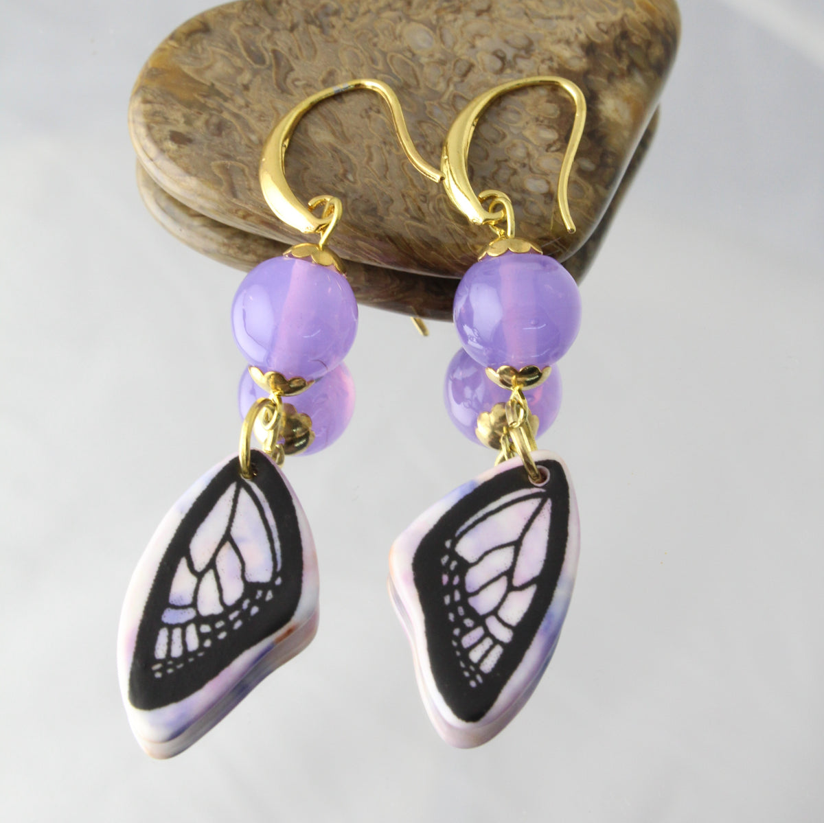 'Purple Moth' Ceramic and Glass Earrings