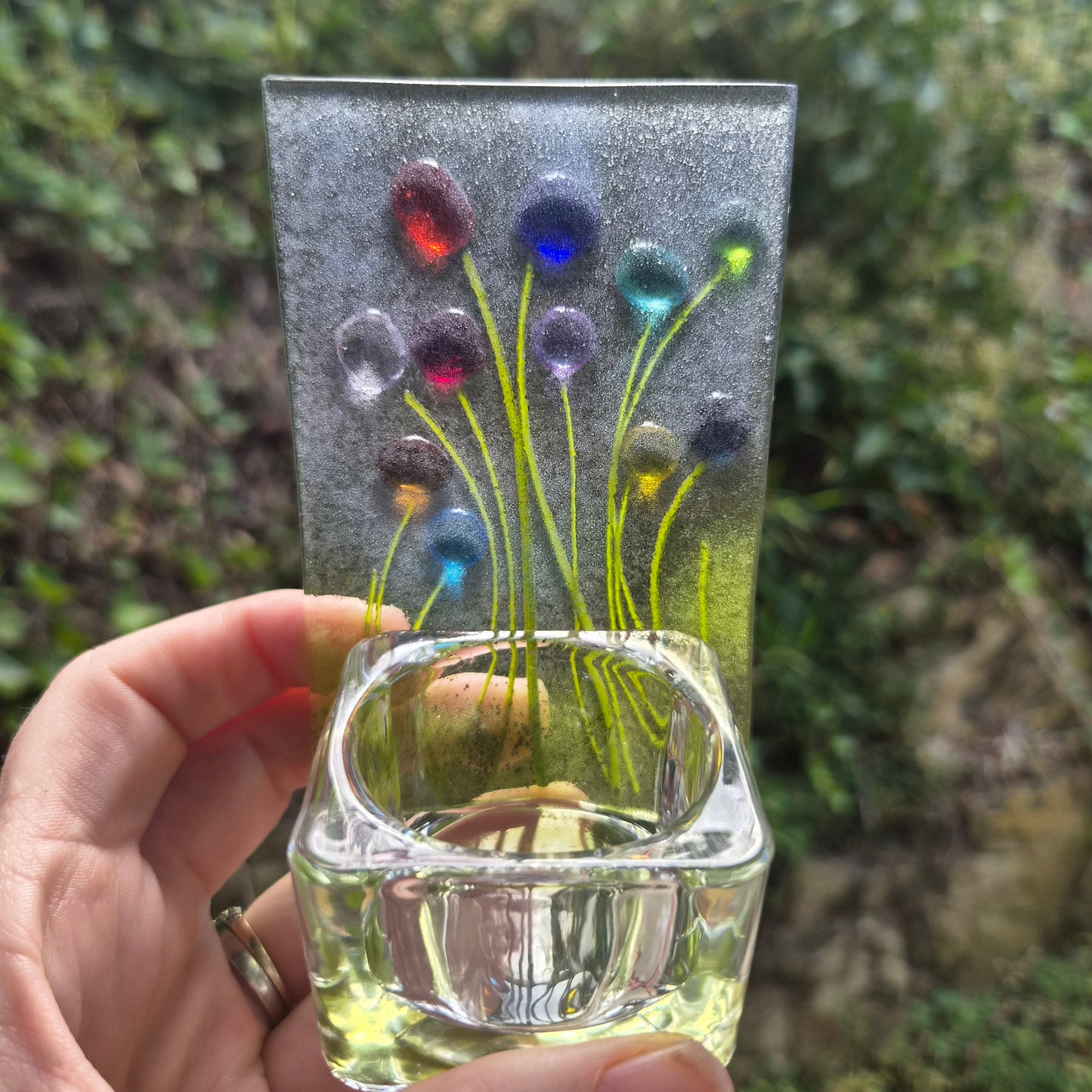 Rainbow Flowers Fused Glass Tealight